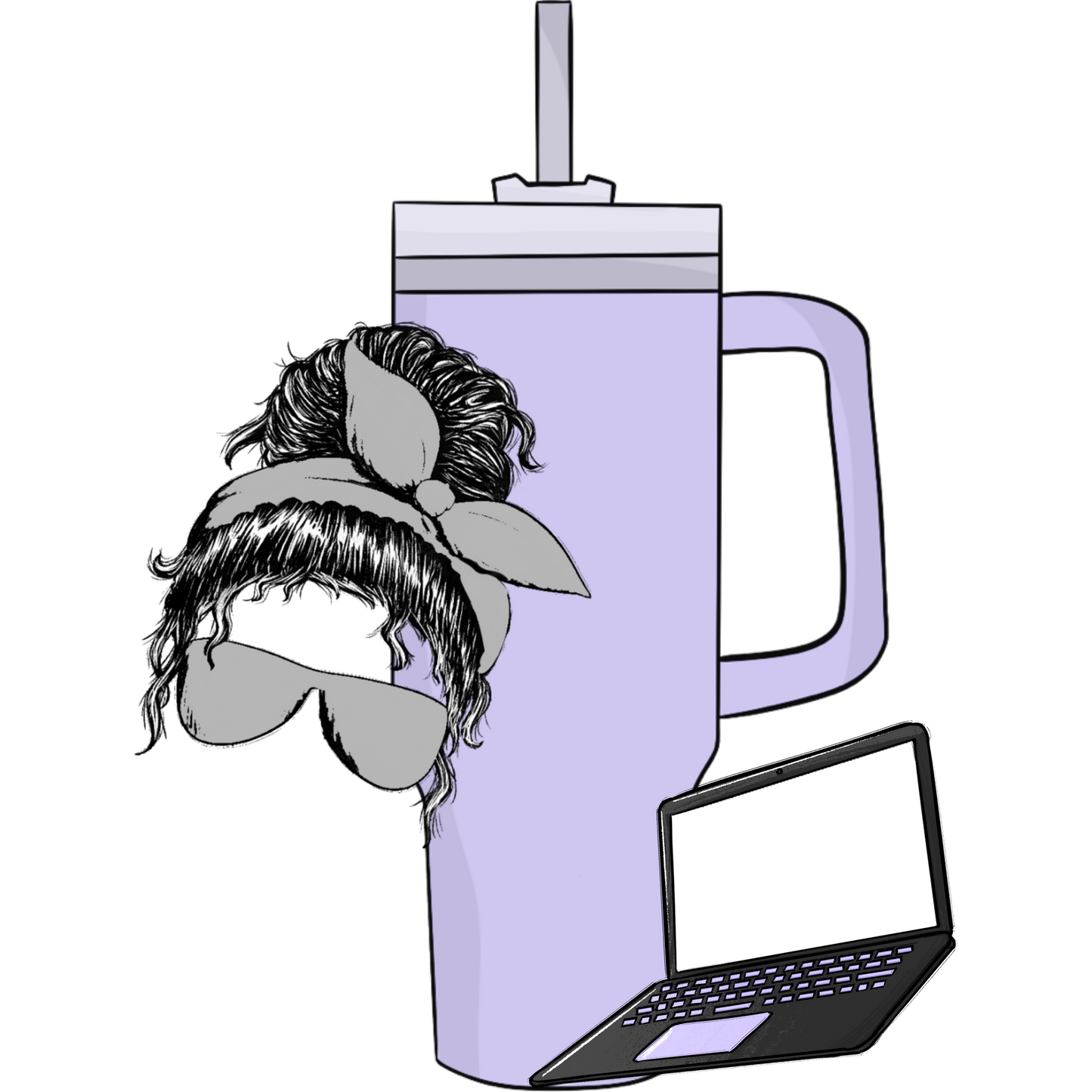 Purple Tumbler with Woman and Laptop Graphic Design