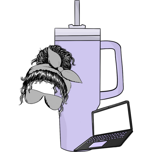Purple Tumbler with Woman and Laptop Graphic Design