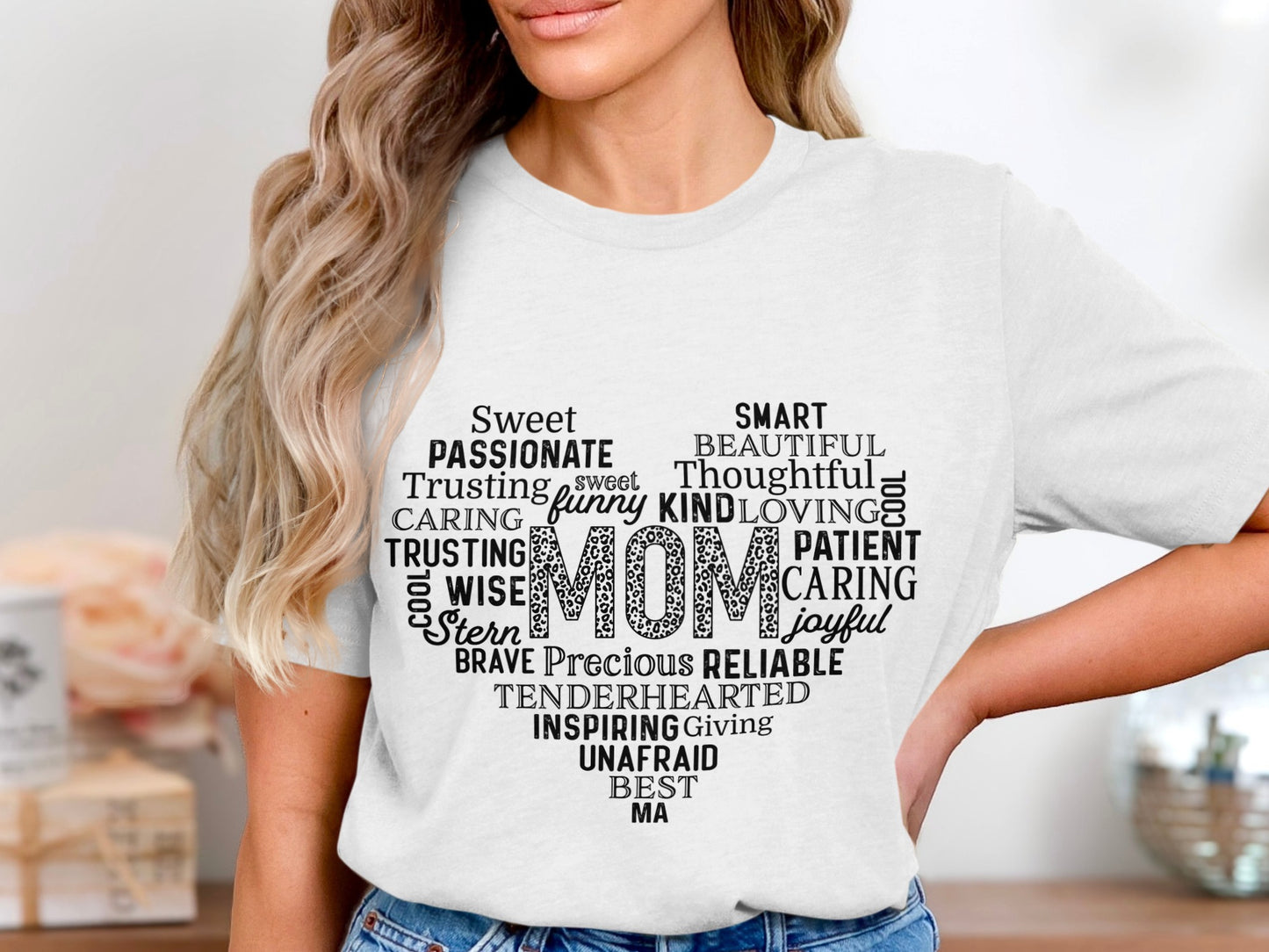 Heart-shaped MOM Word Art Graphic on Women's T-shirt