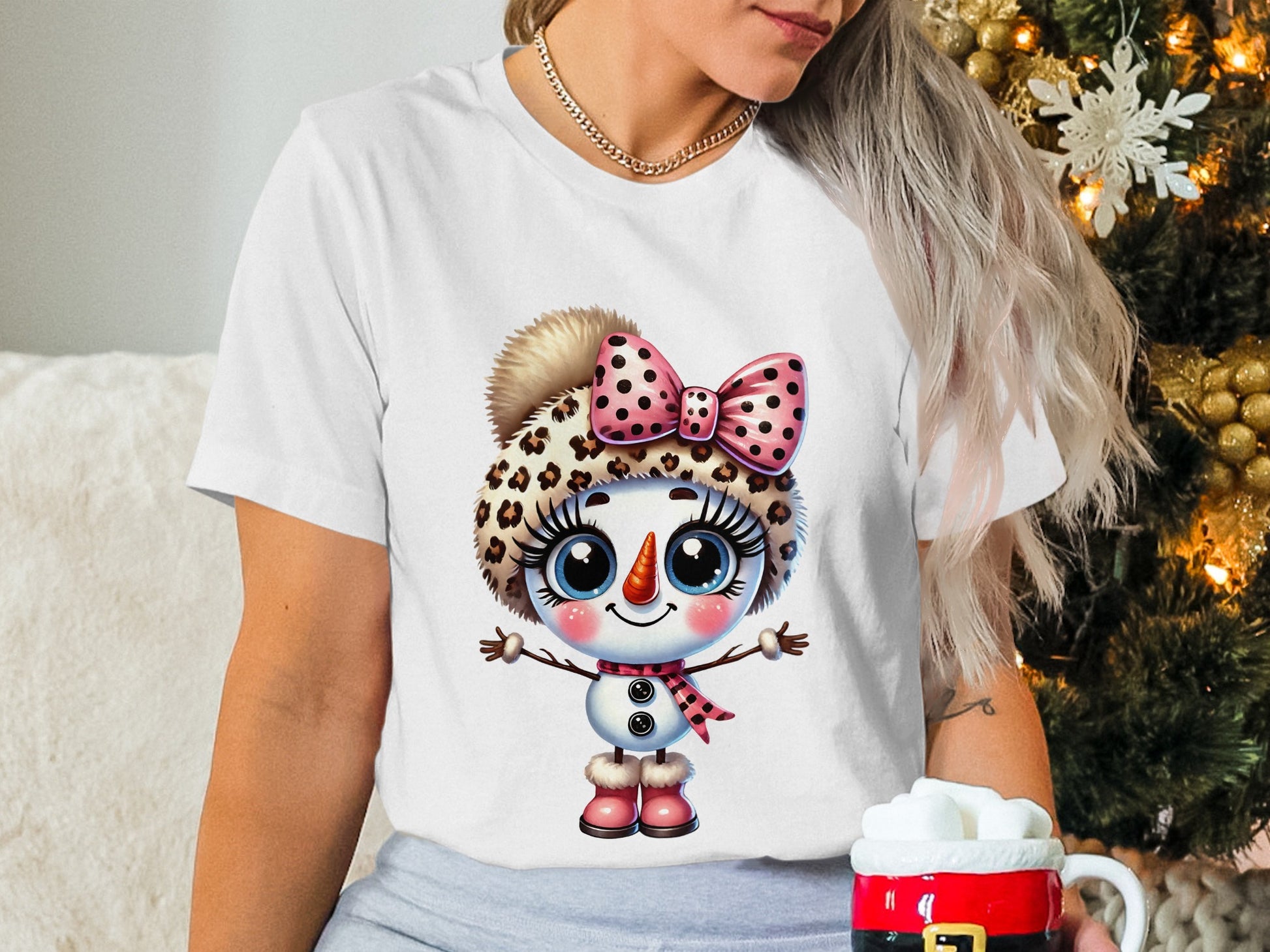 Christmas Snowman with Pink Bow Graphic T-Shirt
