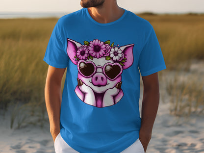 Cute Pig Wearing Sunglasses and Floral Headband Shirt