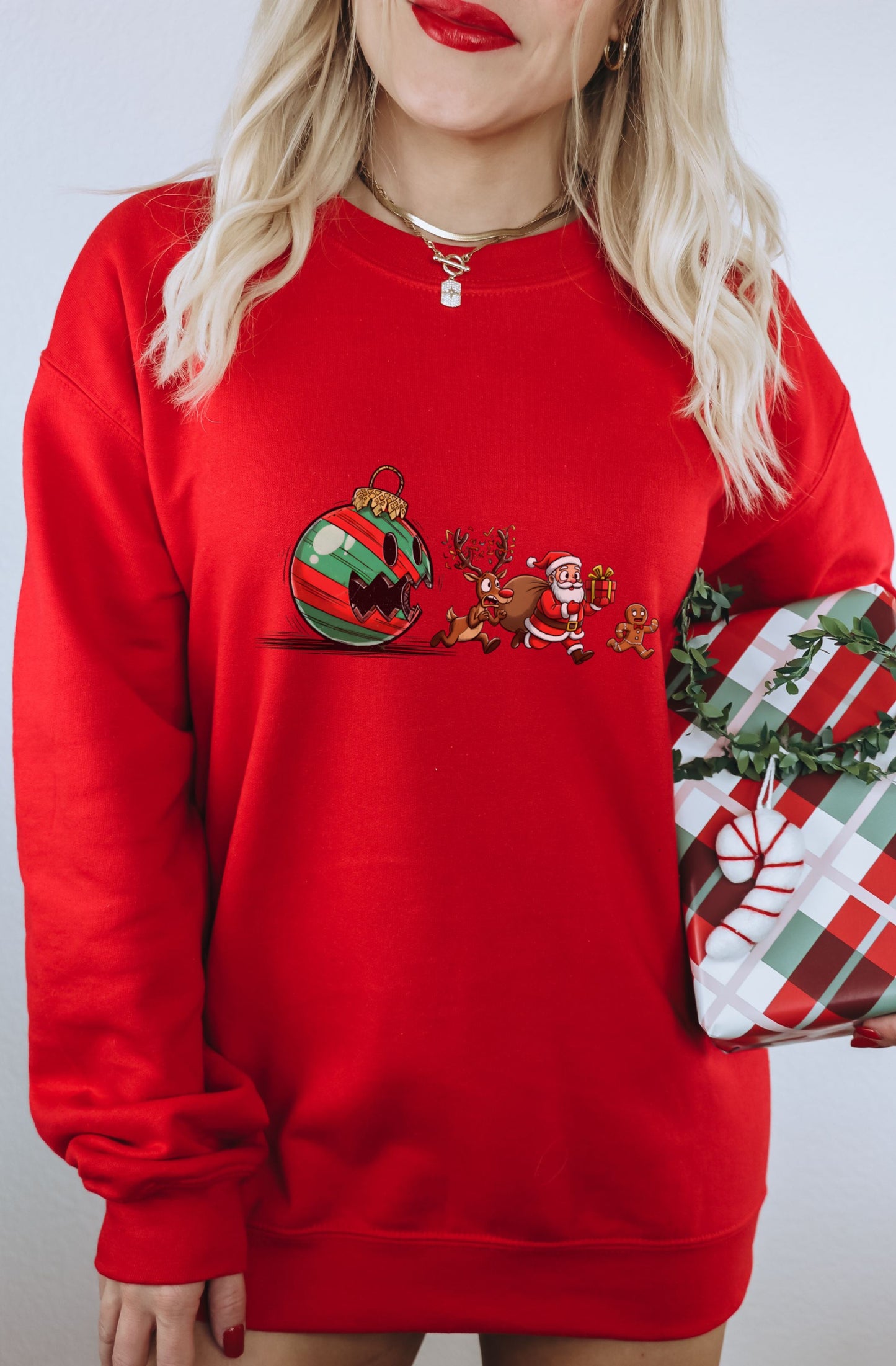 Festive Christmas Sweater with Ornament and Santa Design