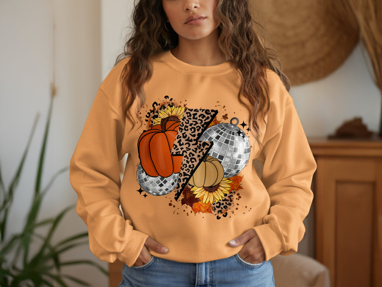 Disco Ball Sunflower and Pumpkin Graphic Sweatshirt