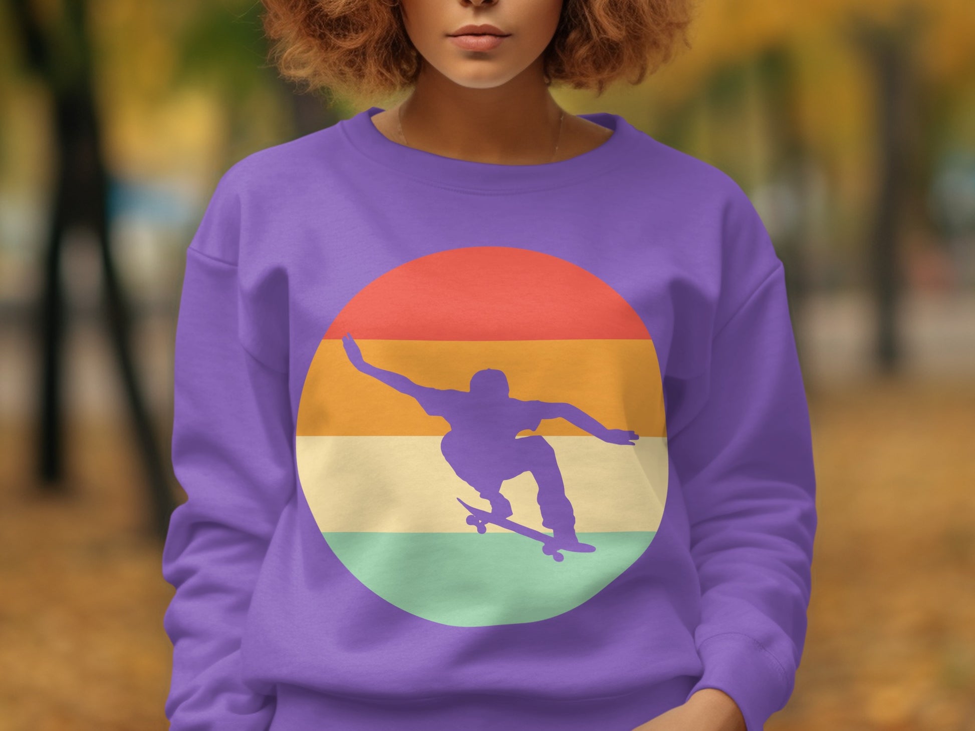Vibrant Rainbow Skater Graphic on Purple Sweatshirt