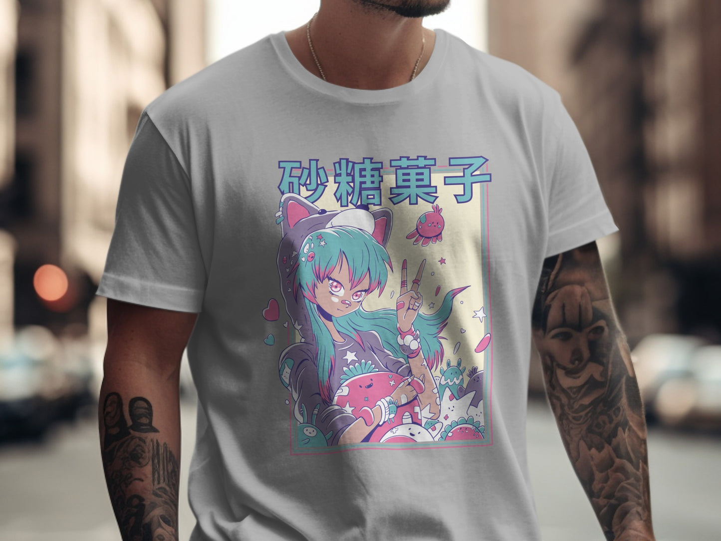 Pastel Anime Cat Girl Graphic Tee for Everyday Fashion