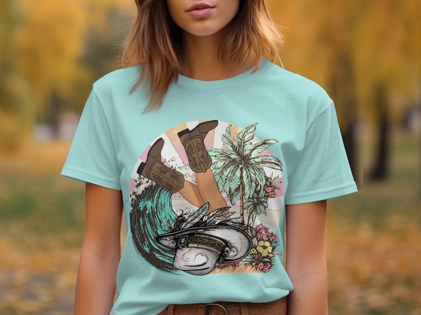 Colorful Surfing and Palm Trees T-Shirt Design