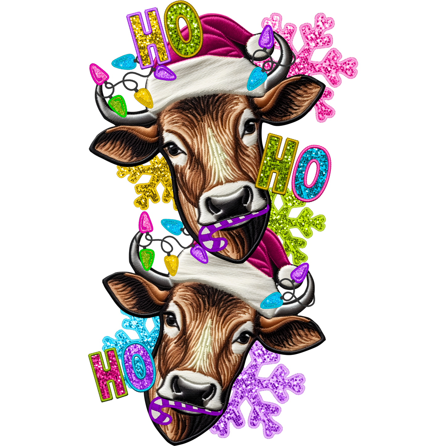 Festive Cow with Santa Hat and Colorful Snowflakes Design