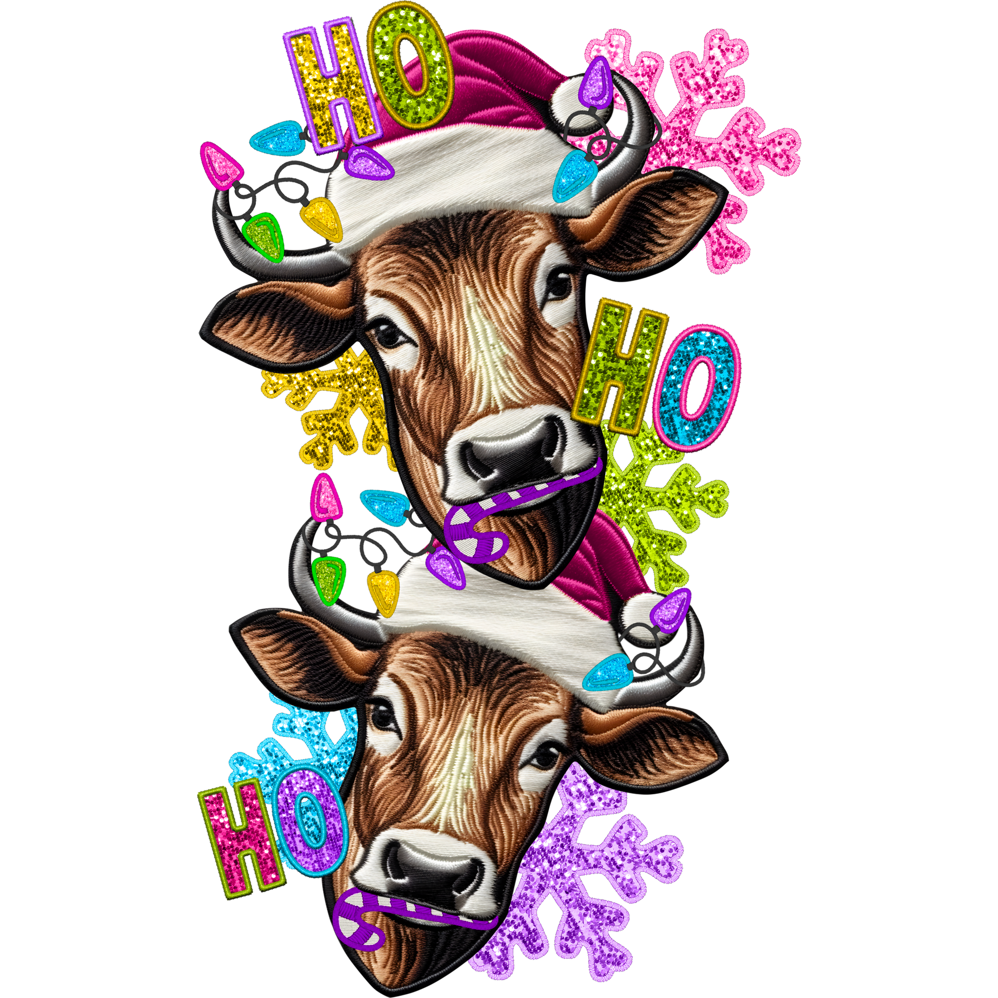 Festive Cow with Santa Hat and Colorful Snowflakes Design