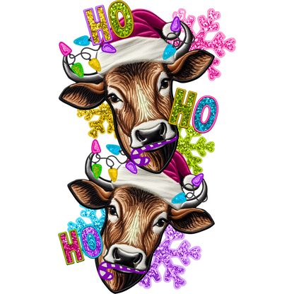 Festive Cow with Santa Hat and Colorful Snowflakes Design