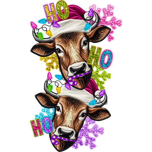 Festive Cow with Santa Hat and Colorful Snowflakes Design