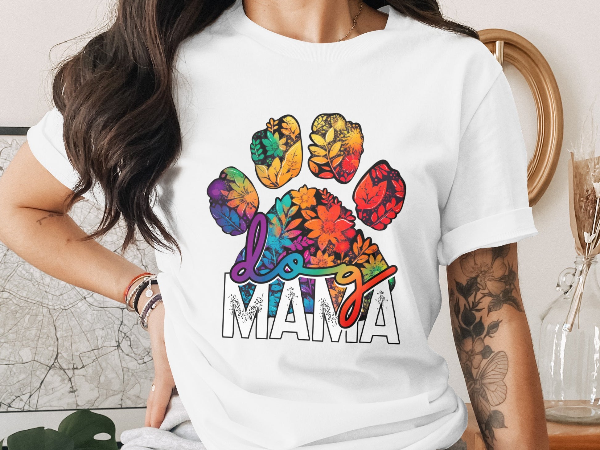 Colorful Dog Mama Paw Print T-Shirt
