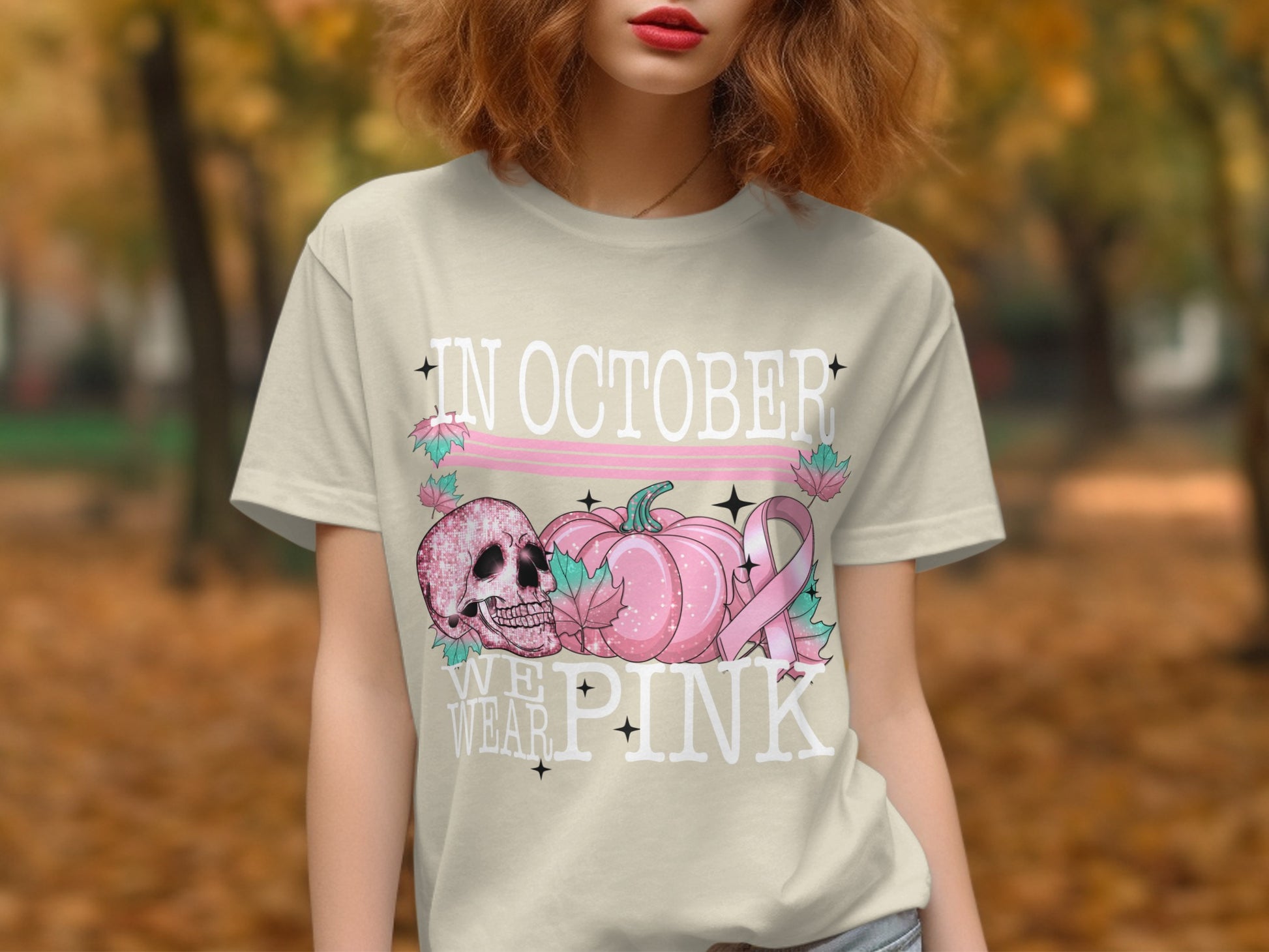 In October We Wear Pink Halloween Skull Pumpkin Shirt