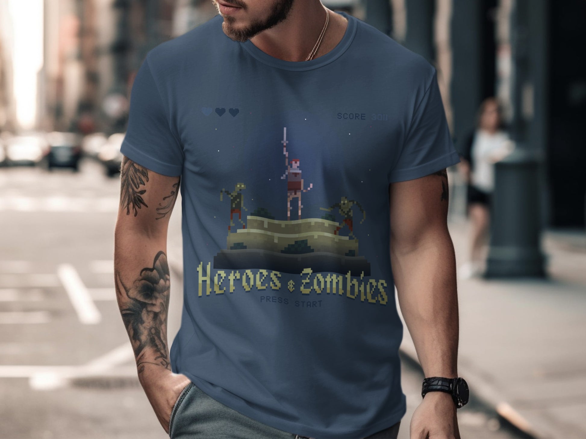 Heroes and Zombies Retro Arcade Game T-shirt