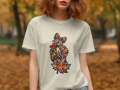 Autumn Themed Artistic Pumpkin and Leaves Shirt