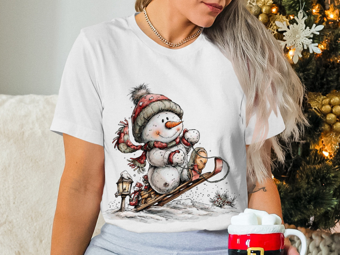 Snowman Christmas Sledding Graphic Tee for Winter
