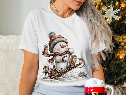 Snowman Christmas Sledding Graphic Tee for Winter