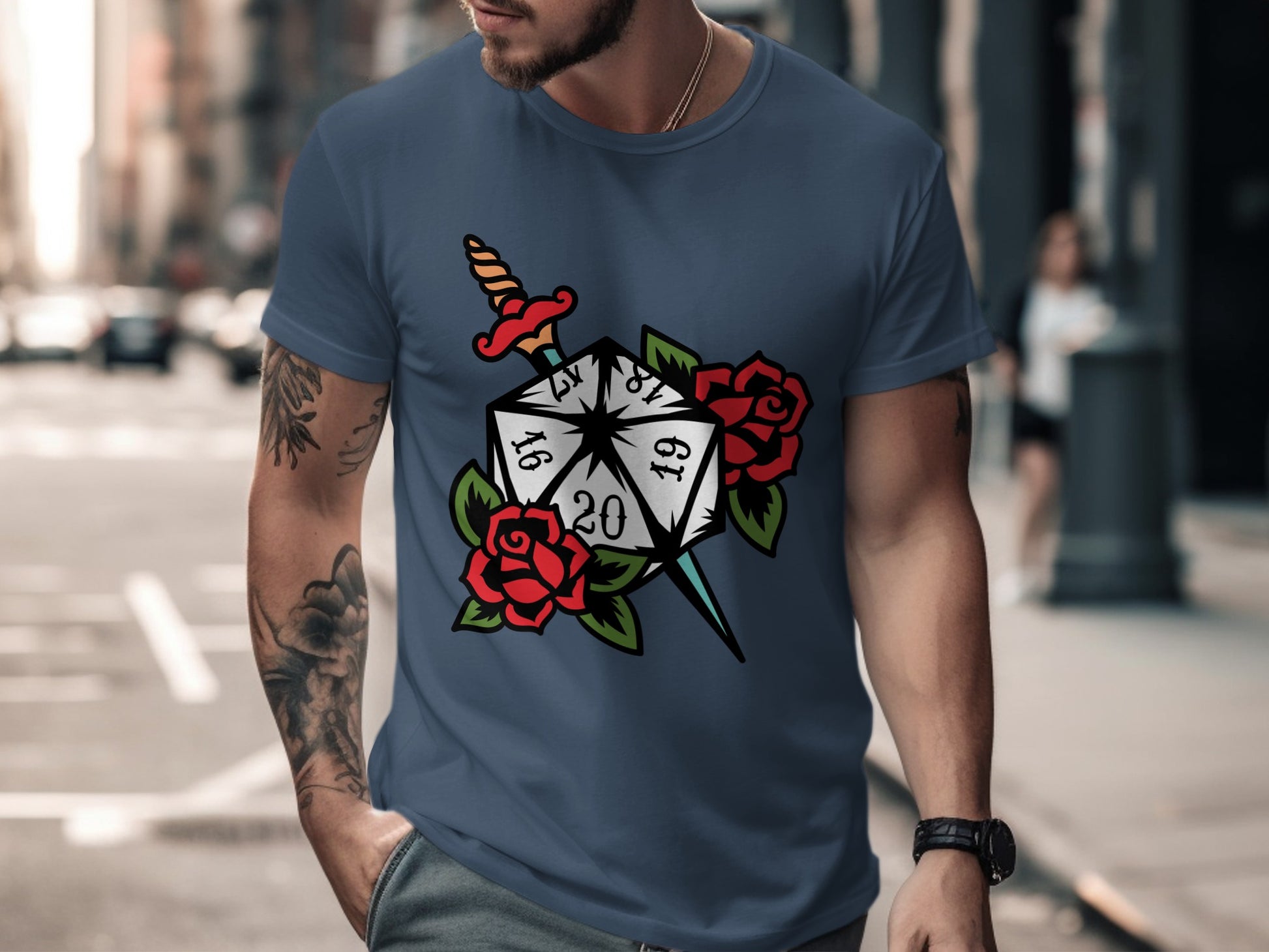 Stylish Graphic Tee with Dice and Roses Design