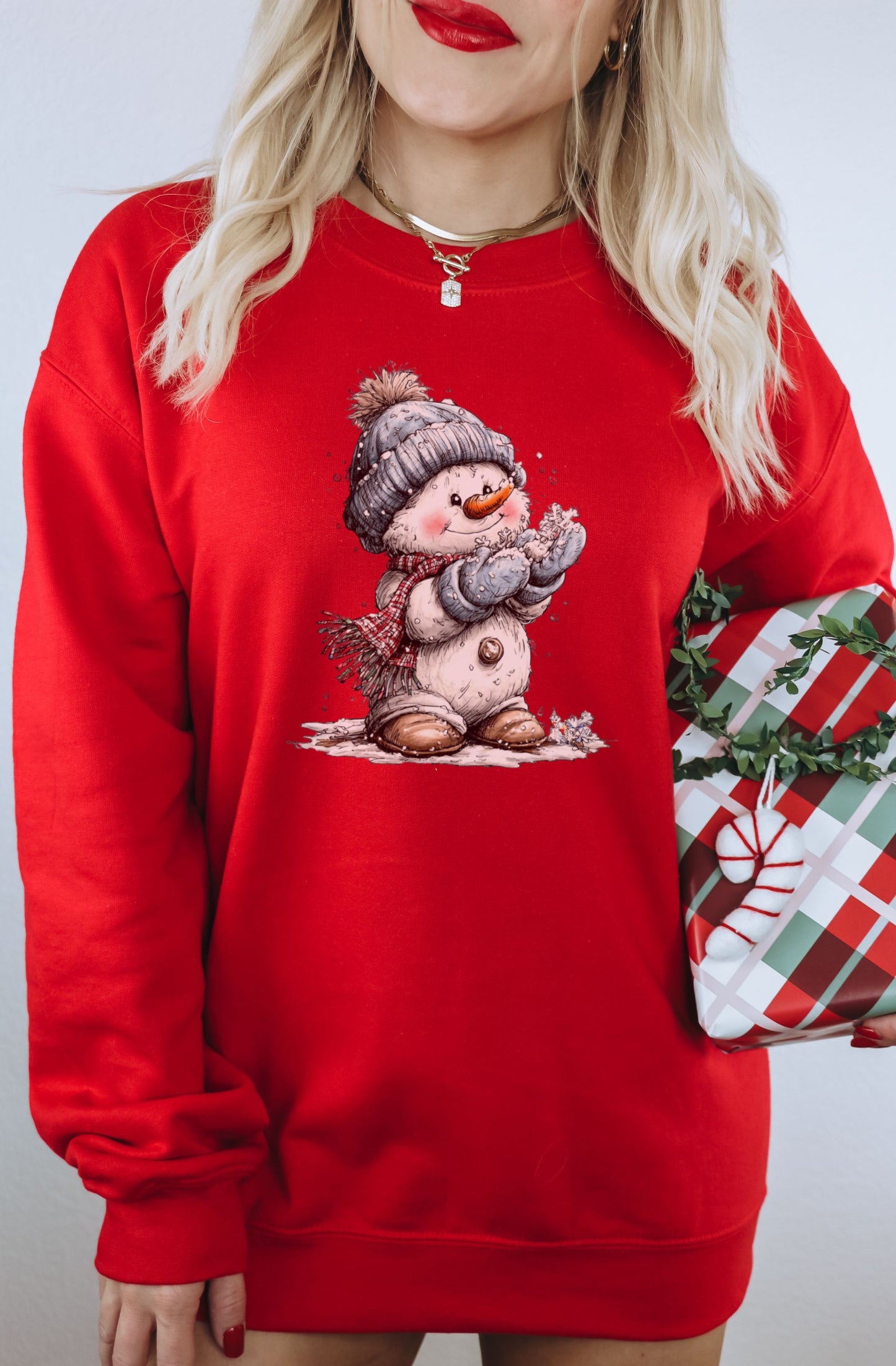 Cute Snowman Graphic Red Christmas Sweatshirt