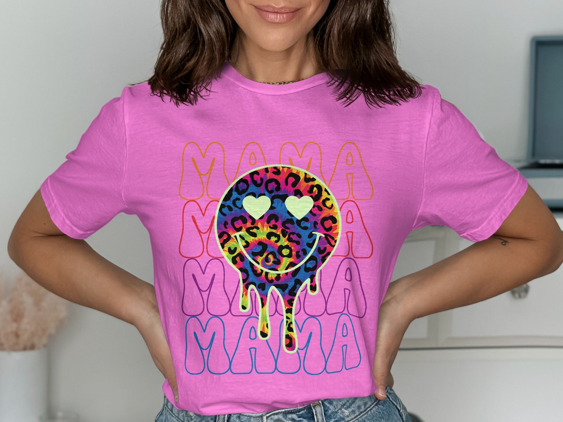 Vibrant Graphic Tee with Smiley Leopard Print Design