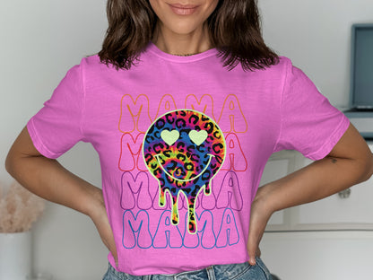 Vibrant Graphic Tee with Smiley Leopard Print Design