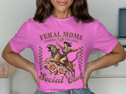 Feral Moms Raising Hellions Social Club Pink T-shirt