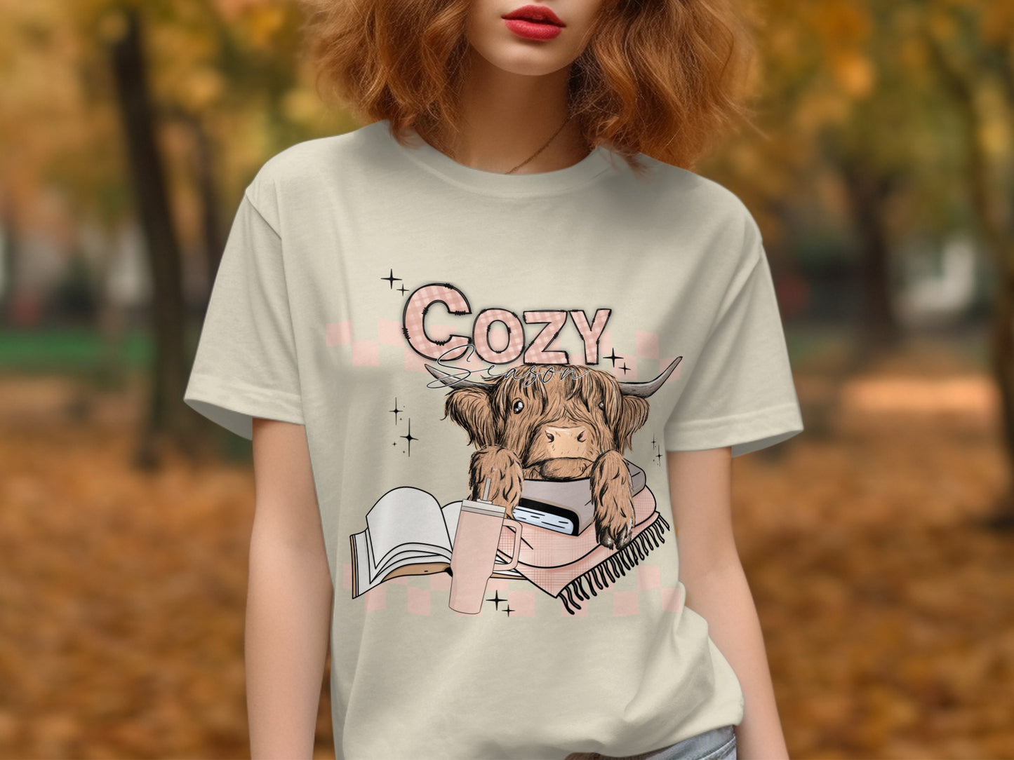 Cozy Highland Cow and Books Graphic T-shirt