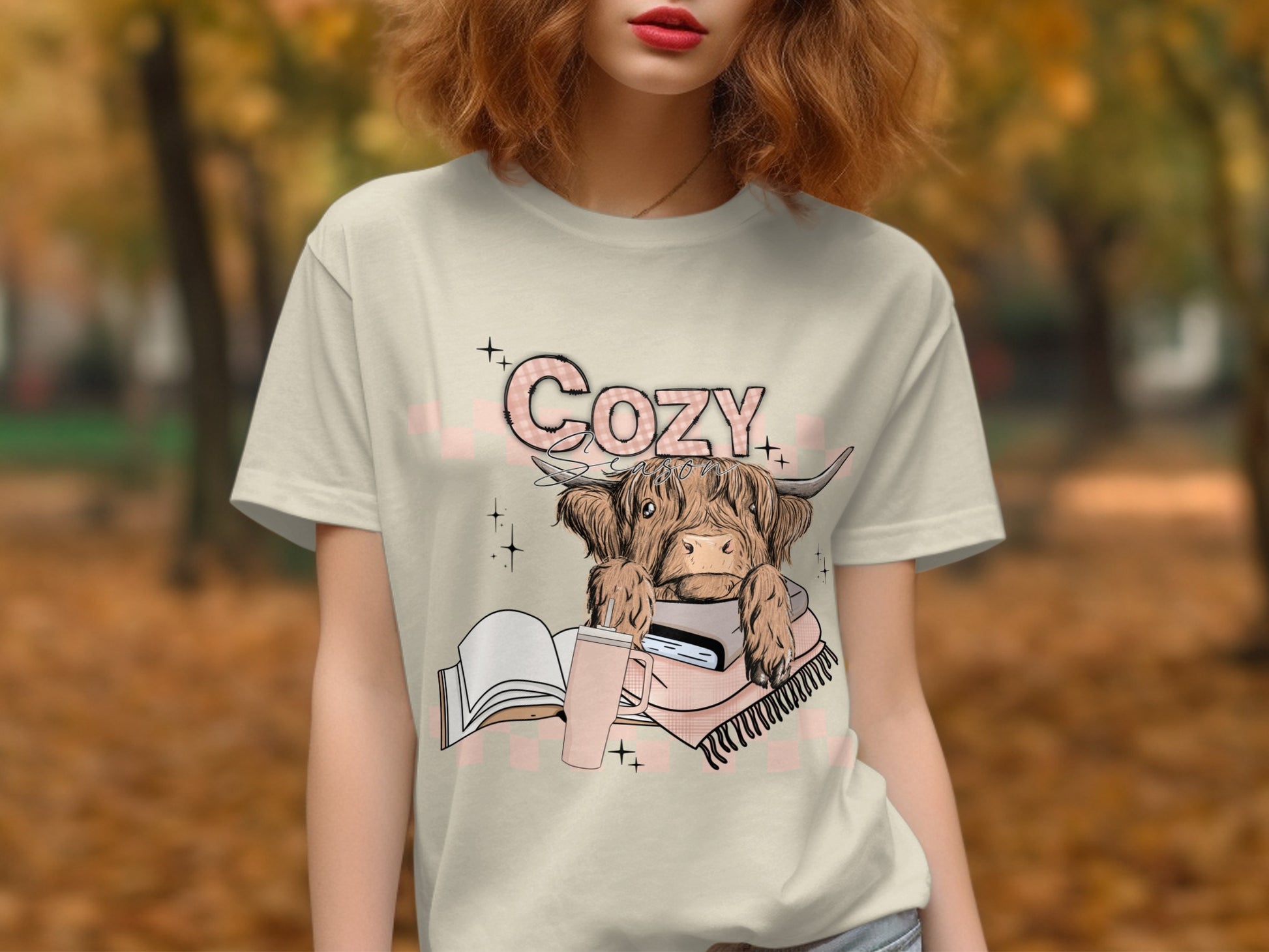 Cozy Highland Cow and Books Graphic T-shirt