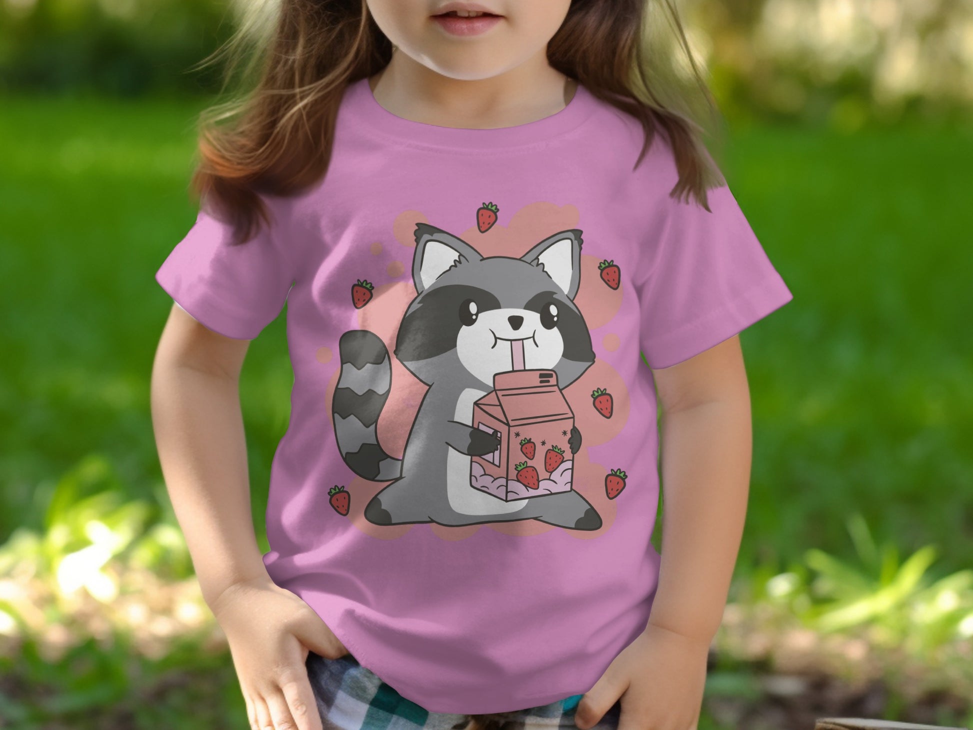 Cute Strawberry Cartoon Raccoon Kids Graphic T-Shirt