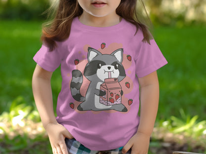 Cute Strawberry Cartoon Raccoon Kids Graphic T-Shirt