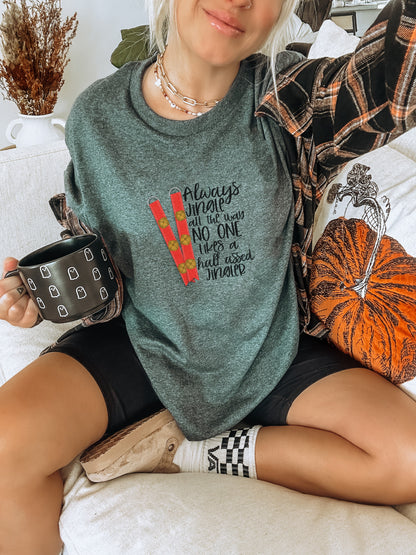 Humorous Graphic Tee with Pumpkin Decor Design