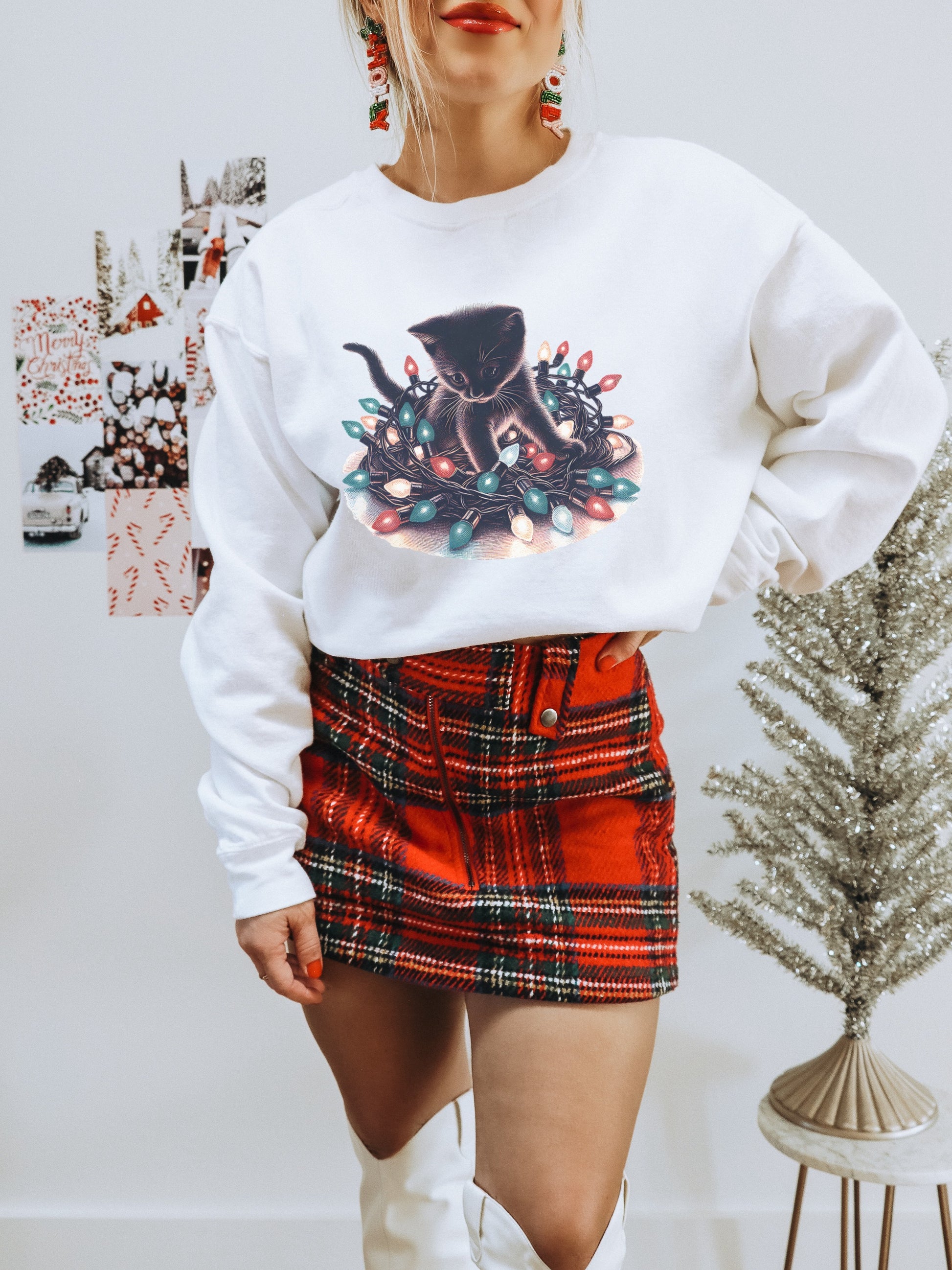 Festive Holiday Black Cat with Christmas Lights Sweatshirt