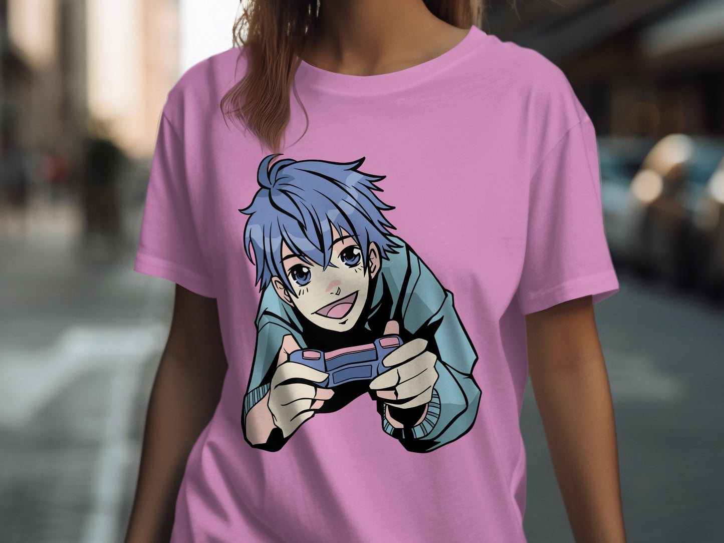 Anime Gamer Artwork on Light Pink Tee