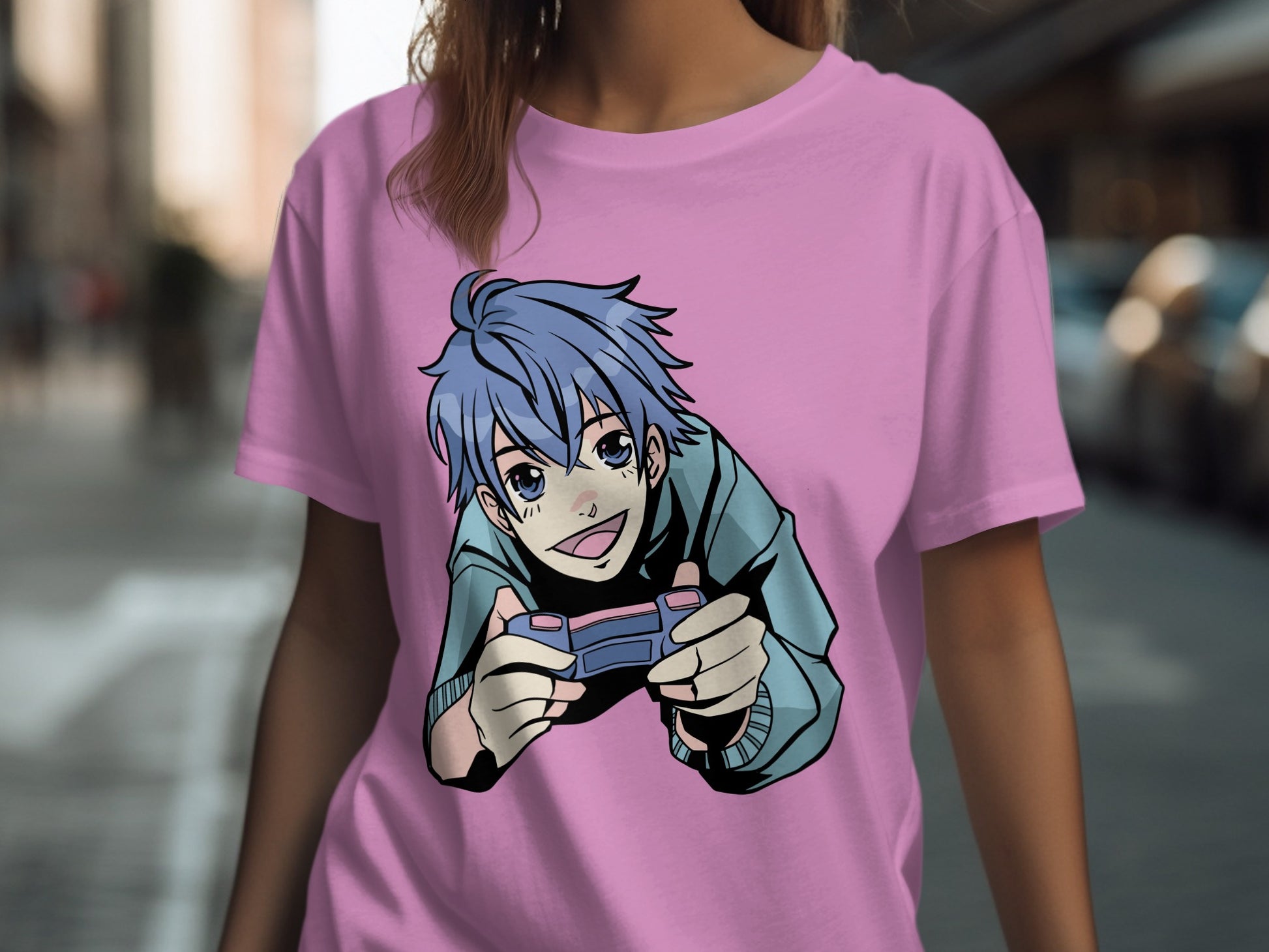 Anime Gamer Artwork on Light Pink Tee