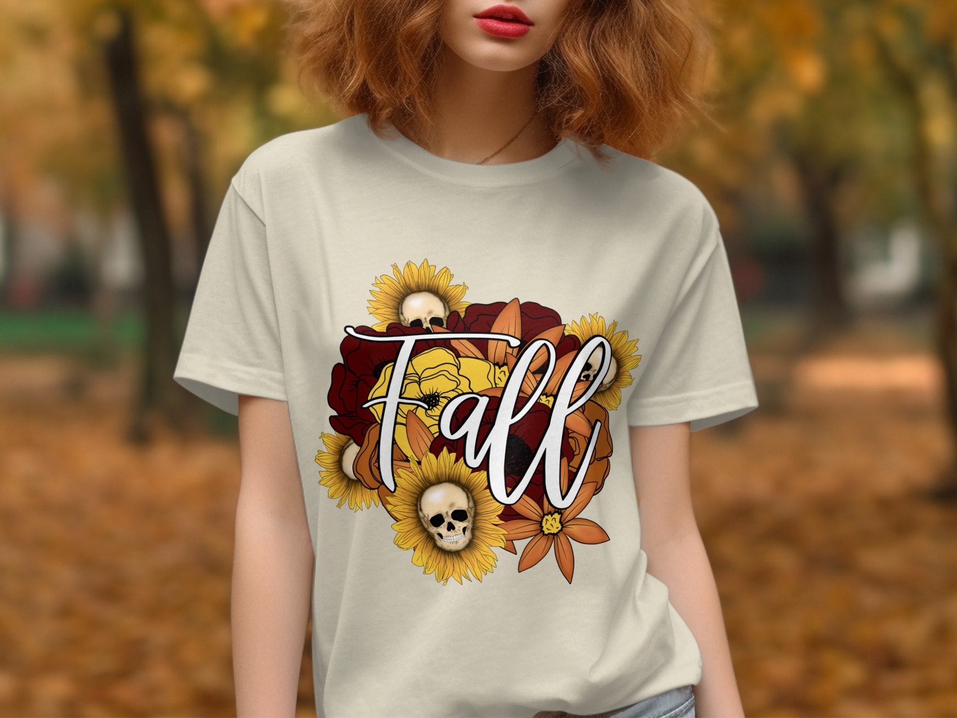 Fall Graphic T-Shirt with Sunflowers and Skull Design