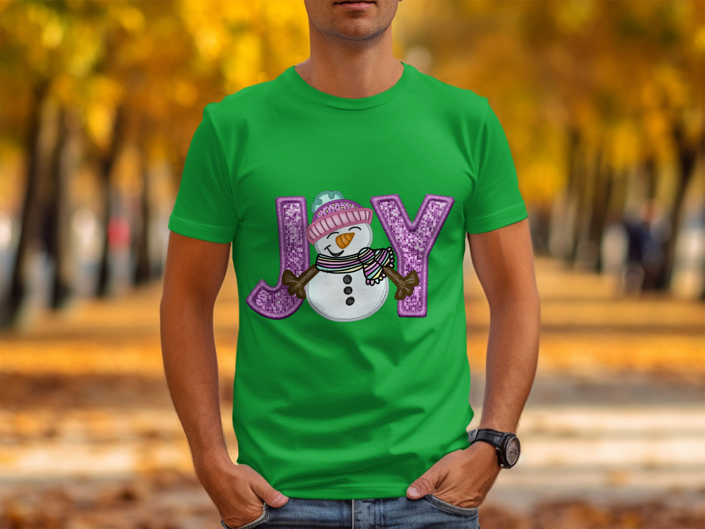 Joy Snowman Graphic Green T-shirt for Holiday Fun