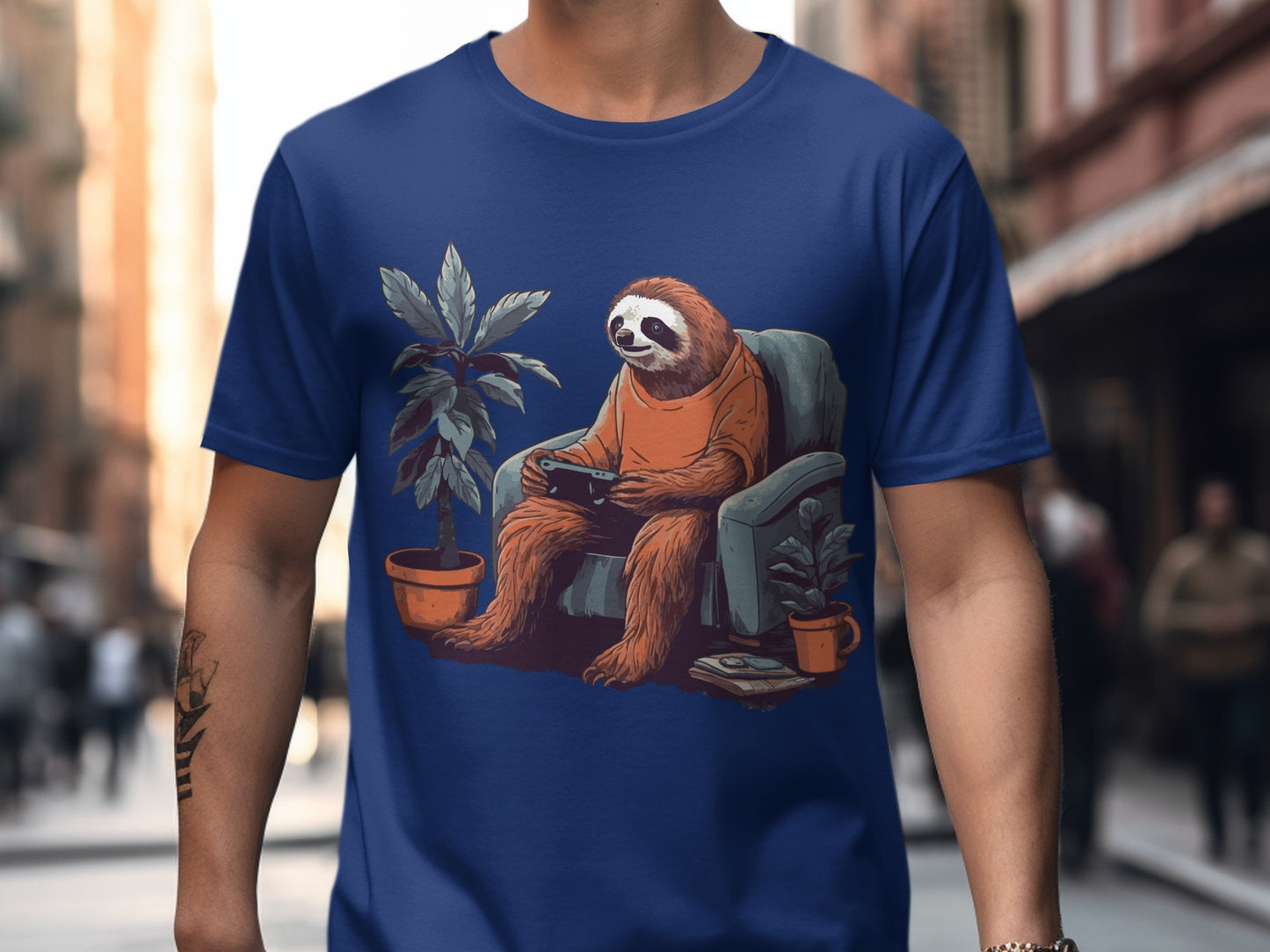 Blue T-Shirt with Sloth Playing Video Games Design