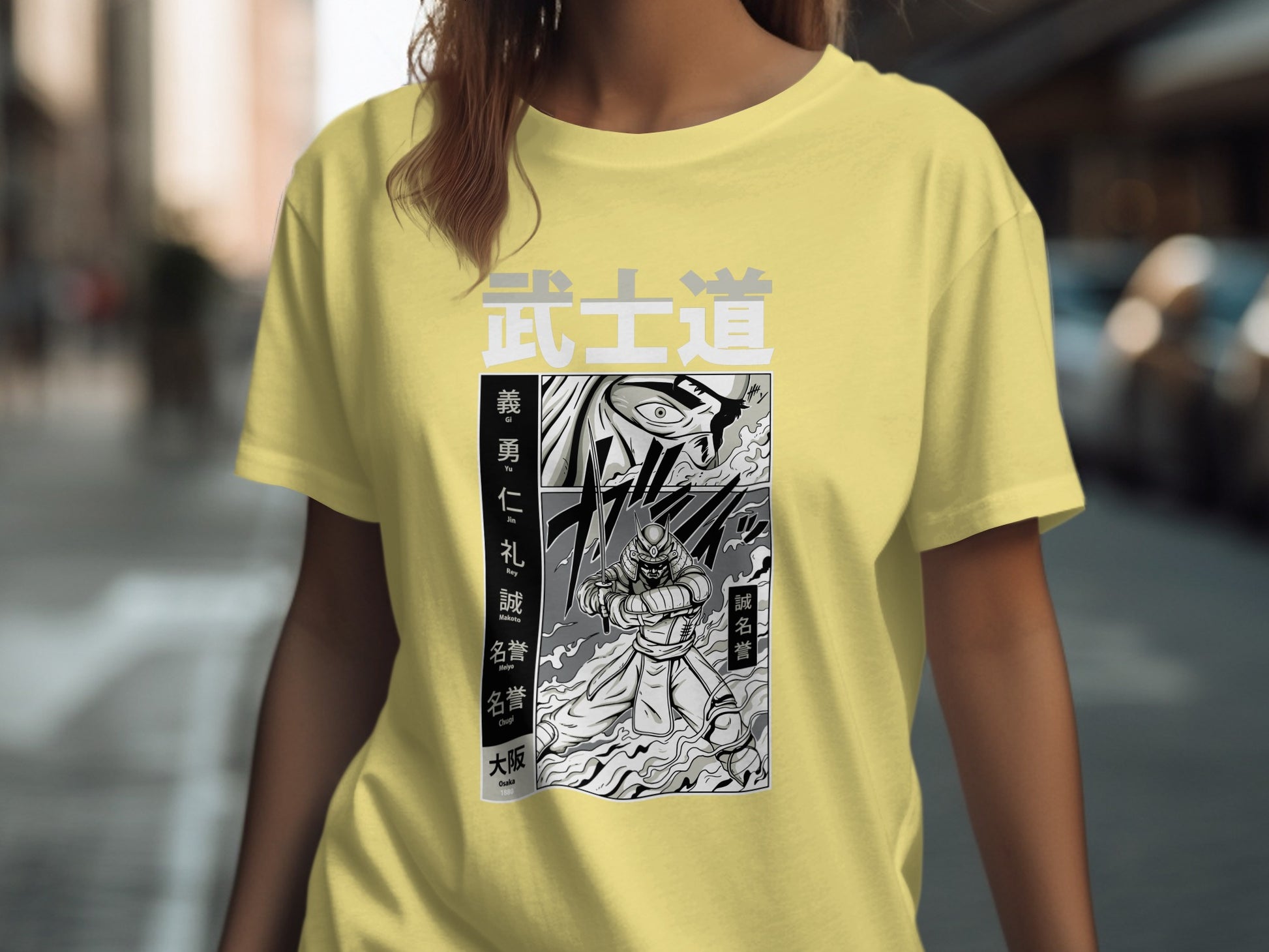 Japanese Samurai Anime Design Yellow T-shirt