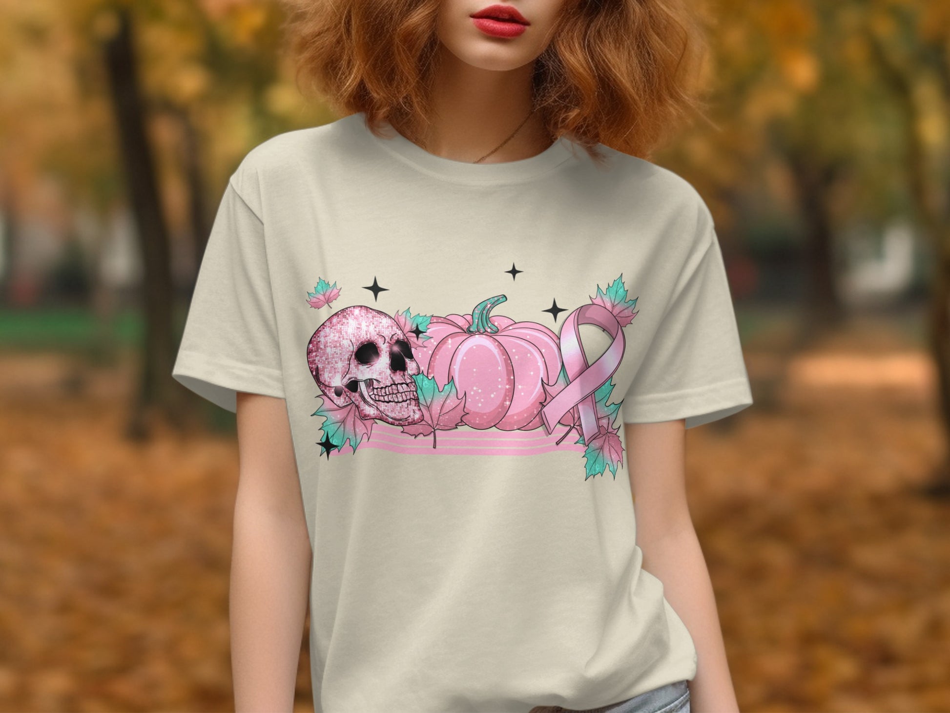 Pink Ribbon Pumpkin Skull Graphic T-Shirt