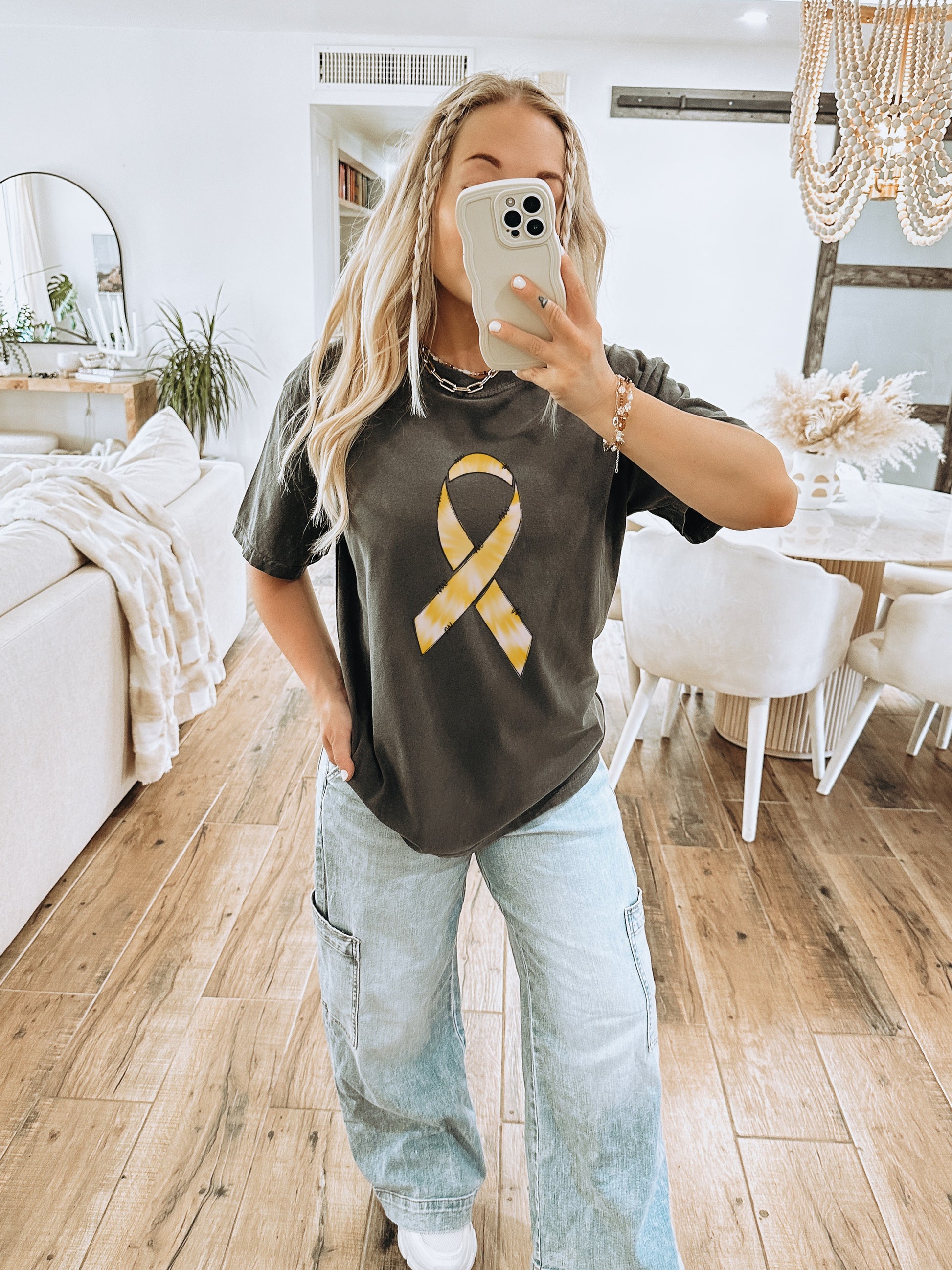 Stylish T-Shirt With Yellow Ribbon Graphic Design