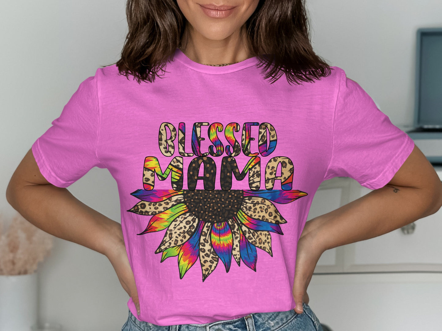Blessed Mama Colorful Sunflower Design T-shirt