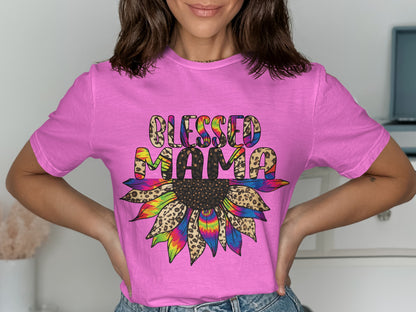 Blessed Mama Colorful Sunflower Design T-shirt