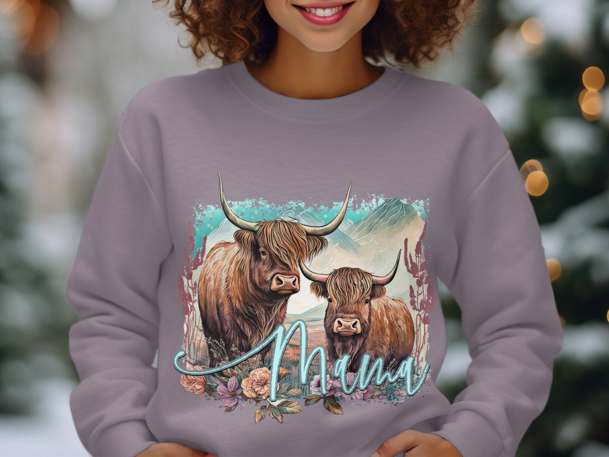 Highland Cow Mama Sweatshirt Casual Style Graphic Print