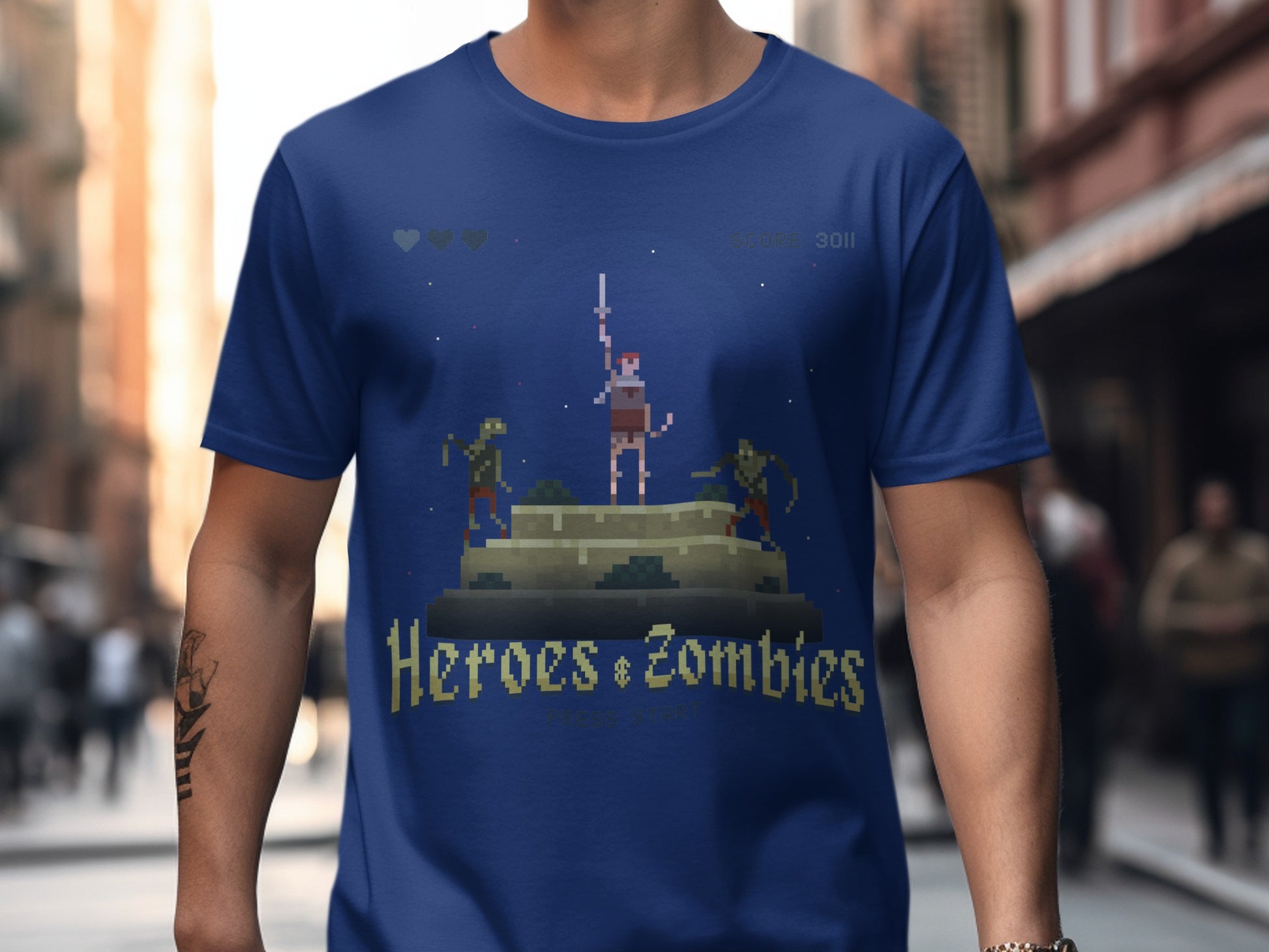 Retro Style Heroes vs Zombies Graphic T-Shirt