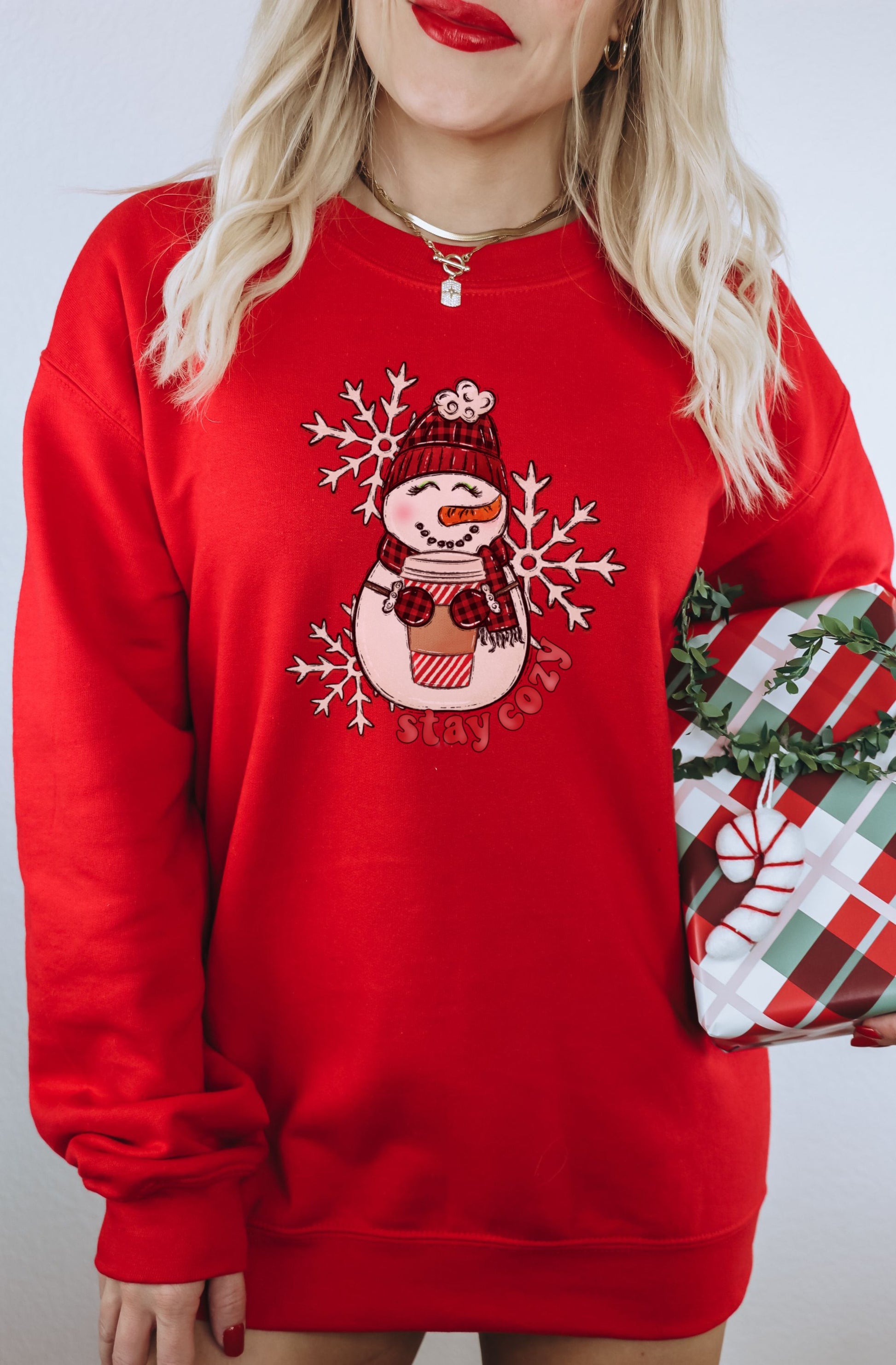 Festive Stay Cozy Snowman with Snowflakes Sweatshirt