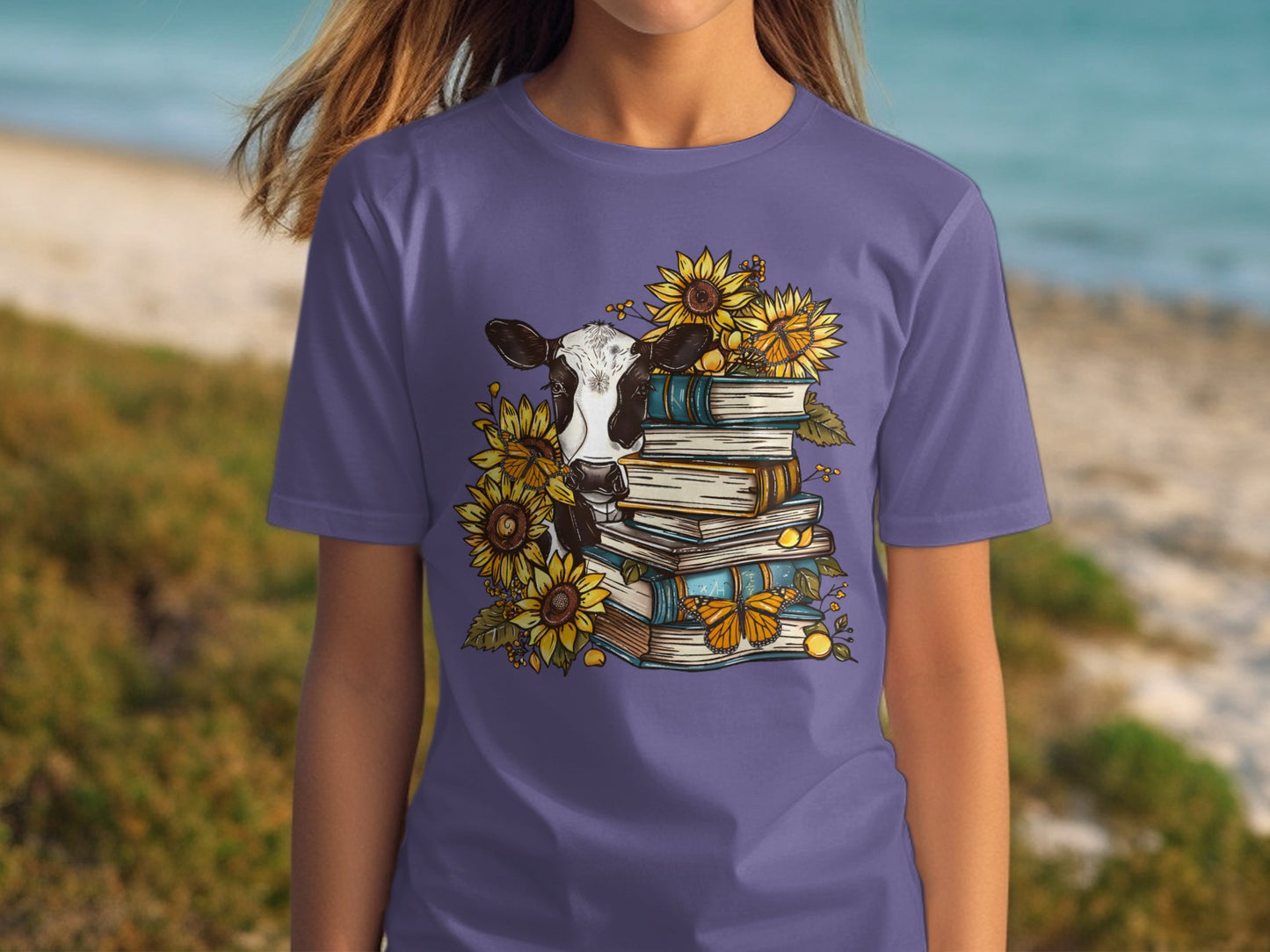 Sunflowers and Books with Cow Artwork T-shirt