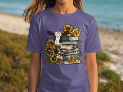Sunflowers and Books with Cow Artwork T-shirt