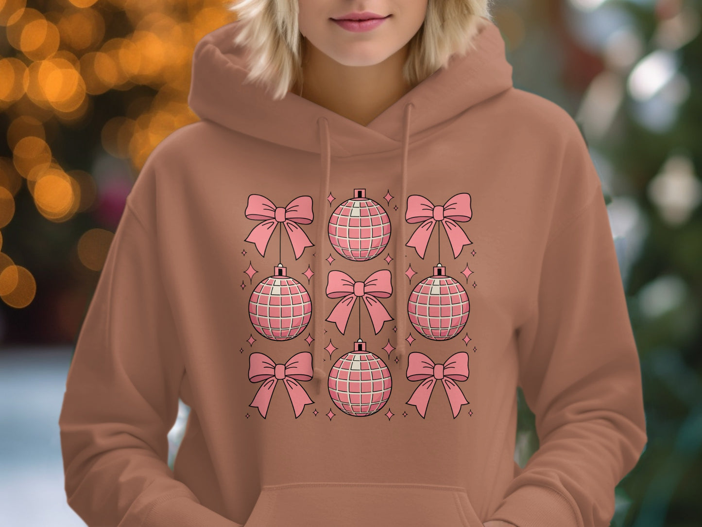 Graphic Hoodie with Pink Ornaments and Bows Design