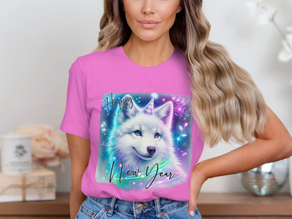 Happy New Year White Wolf Graphic T-shirt