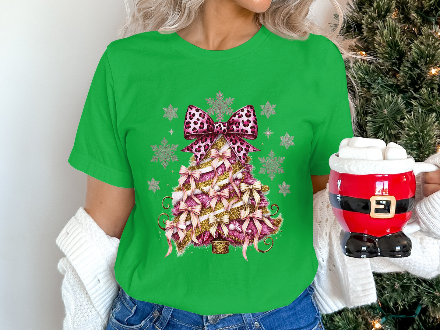 Leopard Pink Bow and Candy Cane Christmas Shirt