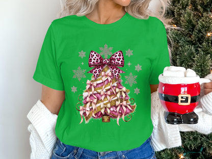 Leopard Pink Bow and Candy Cane Christmas Shirt